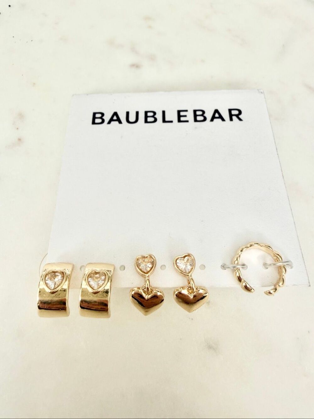BaubleBar Gold Heart Earring Set Huggie Hoops Crystal Studs